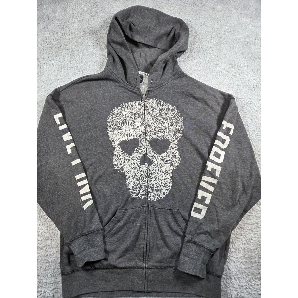 PINK Victoria's Secret Hoodie Medium Gray Women Floral Skull Zip Up Y2K Grunge